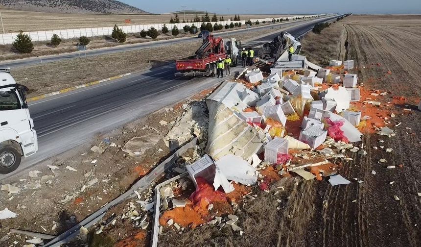 Afyon'da tır devrildi: 27 ton havuç ziyan oldu!